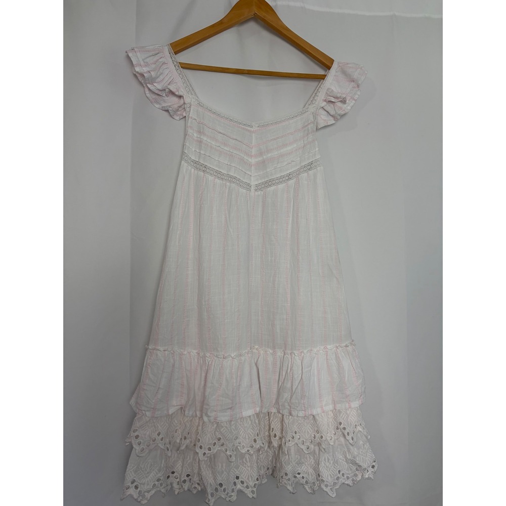 Shabby‎ Chic Dainty Women White Eyelet Lace Ruffle Mini Dress Small Cottagecore